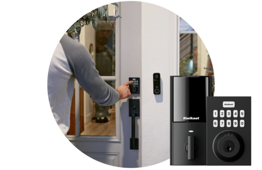 Vivint smart lock next to a person pressing on the lock next to a door