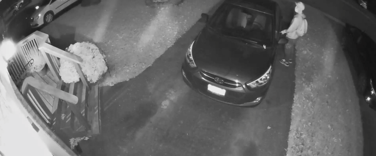 Car thief attempts to steal a car but is scared away by the Vivint Outdoor Camera and Smart Deter.