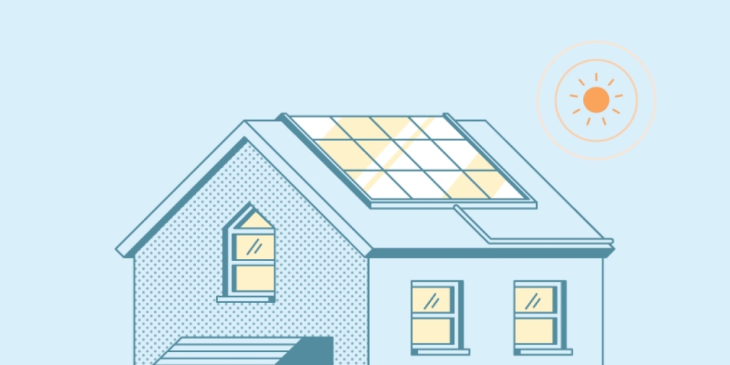 Graphic image of home with solar panels and sun