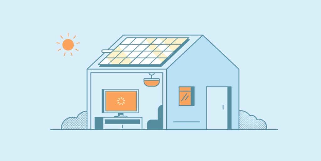 Graphic image of home with solar panels, inside view of living room TV, and sun