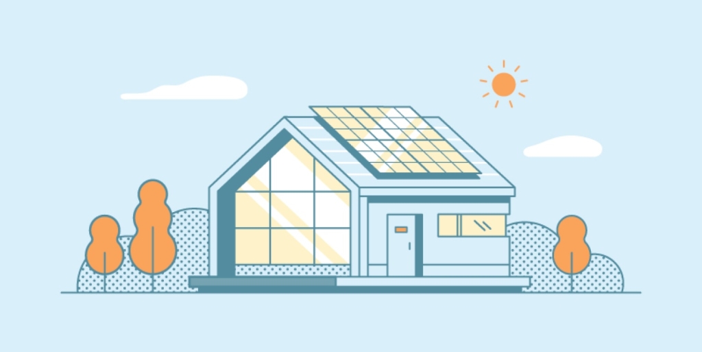 Graphic image of home with solar panels, large windows, surrounded my trees and shrubs