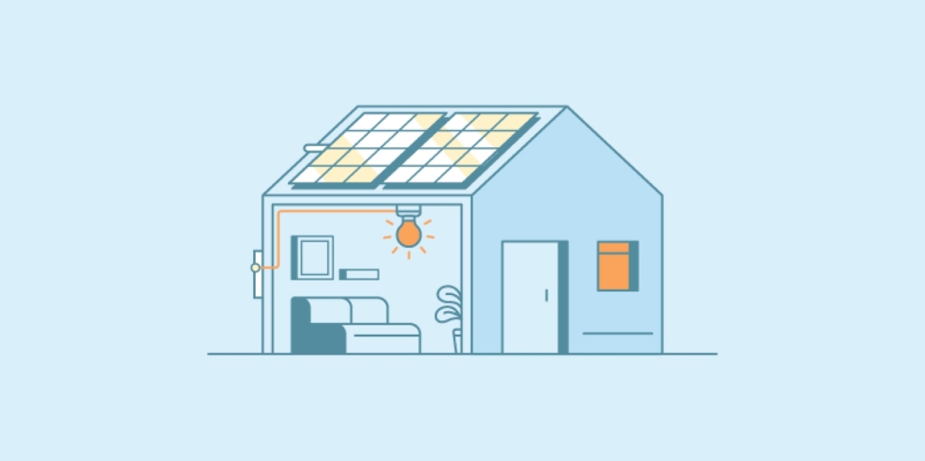 Graphic image of home with solar panels and inside view of living room