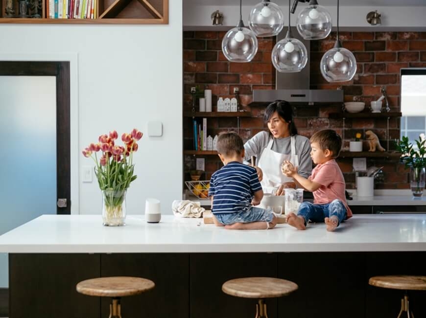 Mom kids in kitchen