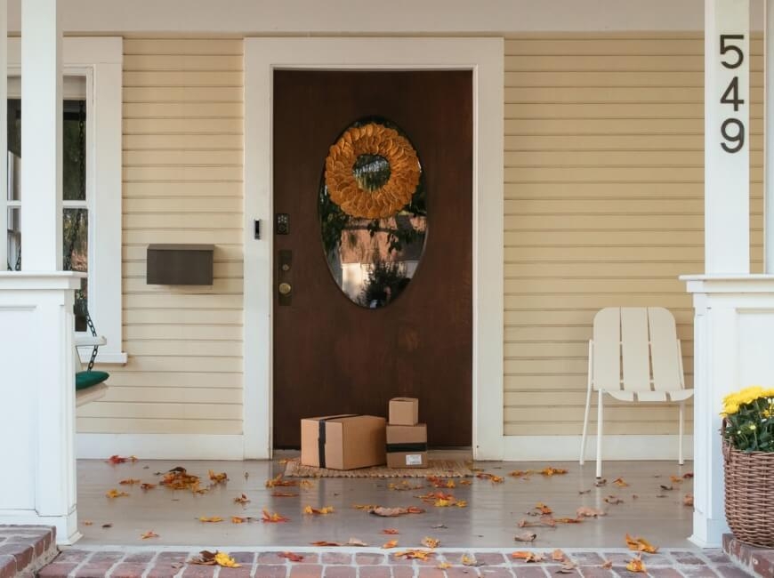 Front door of house in the fall