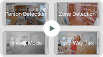 Vivint app views of Person Detection, Zone Detection, Privacy Mode, and Two-Way Talk